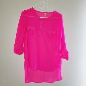 Truth NYC Blouse Neon Pink Barbie Women’s Medium Teacher Office Sheer Roll Tab